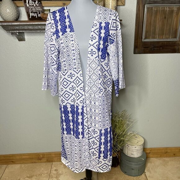 White Blue Geometric Kimono Coverup OS - Picture 6 of 11